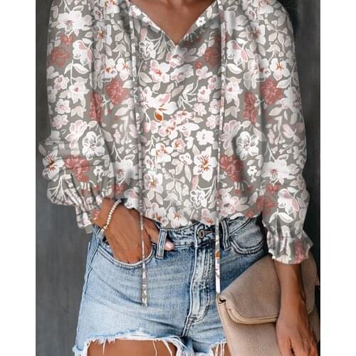 Vintage Floral Print Bandage Blouse Women Ruffles Long Sleeve V-neck Chic Shirt Chiffon Boho Blouses Shirts