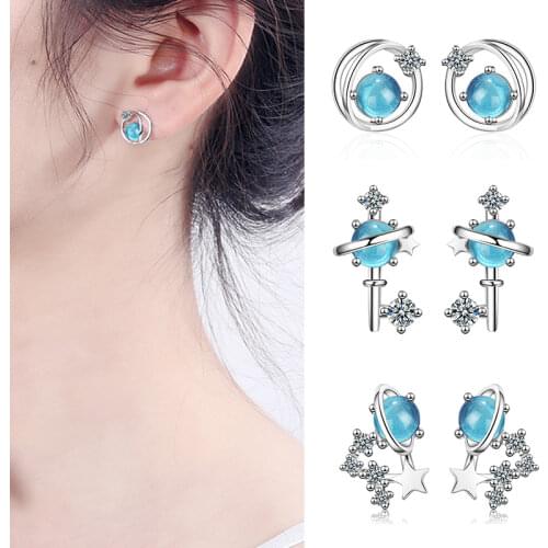 High Quality 925 Sterling Silver Planet Charm Earrings Bule Originality Studs Earring Women Girl Ladies Jewelry Wedding Gift