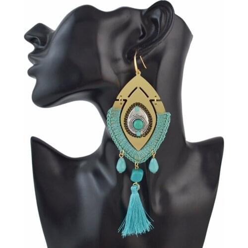 Bohemian Handmade String Fabric Thread Tassel Stone Bead Charms Dangle Earrings for Women Boho Ethnic Big Long Fringe Earrings