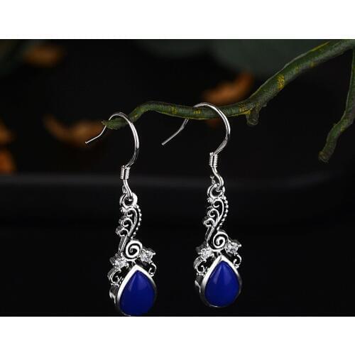 Female Antique Vintage Retro Earrings Blue Moonstone Hollow Earring for Women Party Fashion Jewelry Gifts