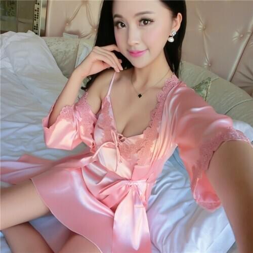 New Arrival 2016 Summer Style Sexy Robe Set For Women Free Shipping Bathrobe + Suspender Nightgown Two Pieces Mini Nightwear Hot