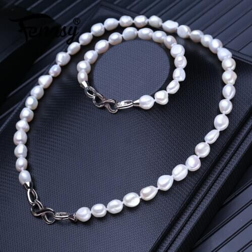 FENASY Natural Freshwater Pearl Necklaces For Women Baroque Long Necklace Bracelets & Bangles Link Bracelet Party Jewelry Sets