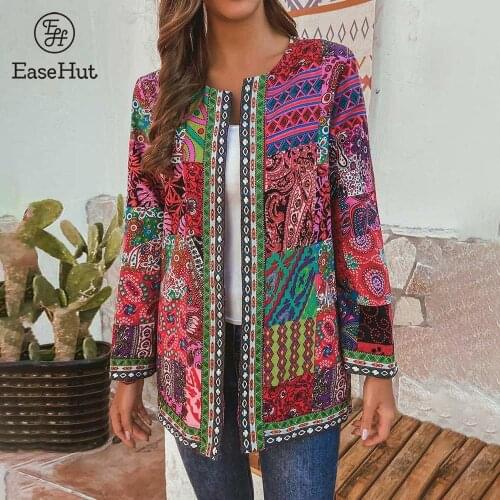 EaseHut Plus Size 5XL 6XL Coat for Women Ethnic Printed Cardigans Autumn Thin Coats Long Sleeve O Neck Casual Loose Outwear New
