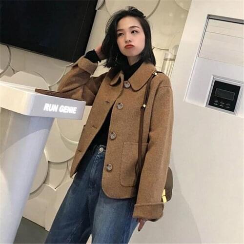 Solid Wool Coat Women 2019 Autumn New Chic Single Breasted Pockets Kawaii Korean Blends Jacket Short Woolen Coats Girls f1225