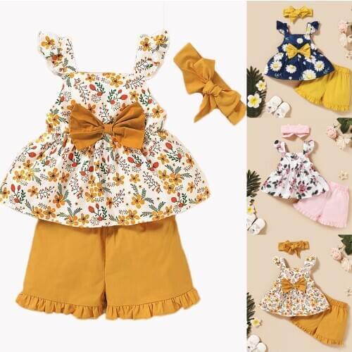 2020 Baby Summer Clothes Sets Toddler Kids Baby Girls Floral Tops T-Shirts+Shorts Pants Outfits Clothes Blue 2-3 Years