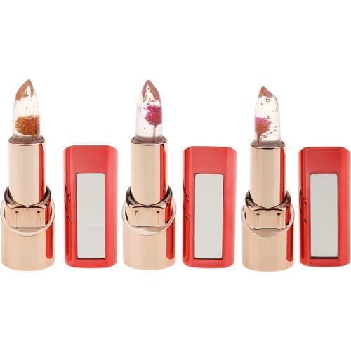 3x Transparent Clear Jelly COLOR TEMPERATURE CHANGE Lipsticks Flower Inside Lip Stick Balm & Mirror Lid WATERPROOF PINK SHADE