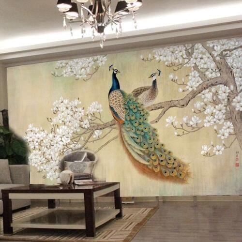 Beibehang 3d photo wallpaper flash Chinese living room bedroom TV backdrop bird Peacock Magnolia large mural wallpaper