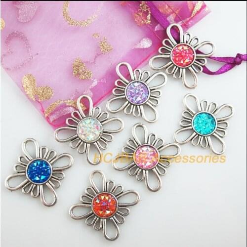 7 New Flower Charms Tibetan Silver Tone Retro Mixed Round Resin Connectors 31mm