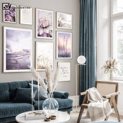 Beige Purple Flower Sunset Nature Landscape Canvas Painting Scandinavian Art Poster Print Nordic Room Wall Decoration Picture