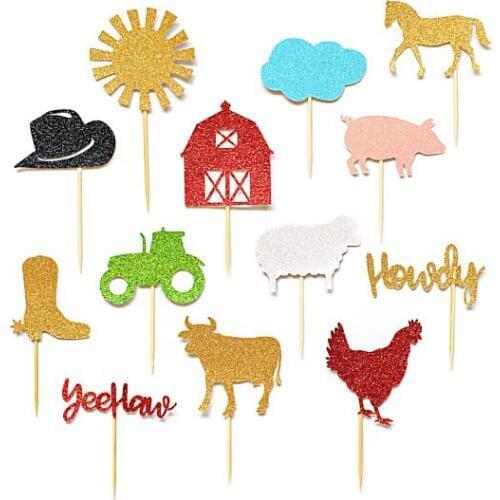 GLITTER Bash farm animals birthday Gender Reveal cupcake toppers baptism Christening party decoration doughnut food toothpicks