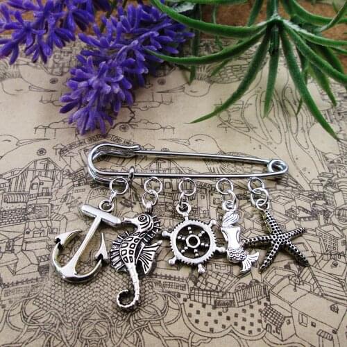 Nautical Seaside Inspired Pin Brooch Anchor Seahorse Starfish Mermaid Wheel charm brooch