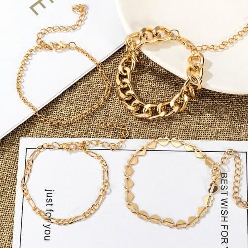 4pcs Punk Curb Cuban Chain Bracelets Set for Women Miami Boho Thick Gold Color Charm Tassel Bracelets Bangles Fashion Jewelry