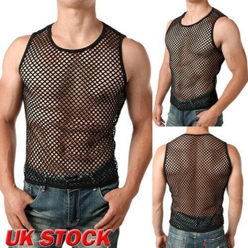 Mens Mesh Tops Sports Sheer Slim Fit Gym Training See Through T-shirt Top Clubwear Sexy Fish Net Muscle Tee Vest M-XXL