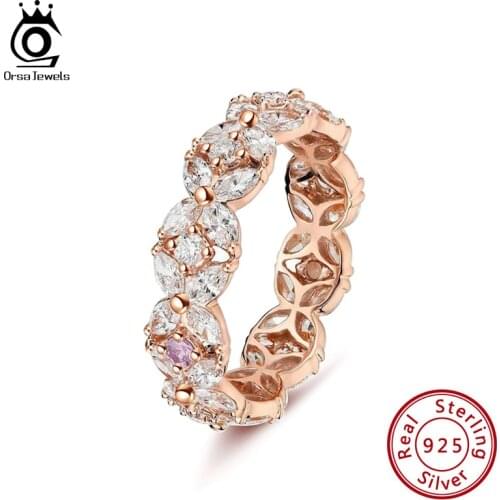 ORSA JEWELS Real S925 Women Finger Rings Circle Full Top Grade Cubic Zirconia Pure Sterling Silver Ring Wave Shape Jewelry SR190
