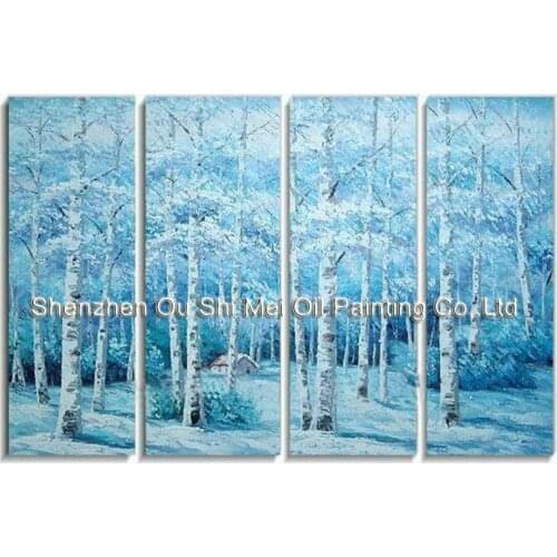Hand Painted Birch Forest Winter Landscape Abstract Oil Paintings 4P Group of Blue Paintings on Canvas For Living Room Decor Art