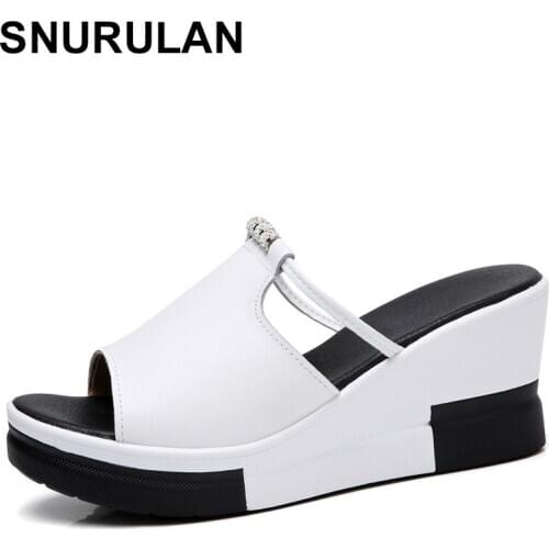 SNURULANSummer Women platform slippers Sandals Shoes Woman slip on Open Toe flip flop white genuine leather wedge beach sandals
