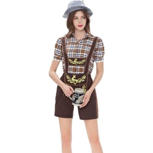 Traditional German Oktoberfest Cosplay Costume Womens Bavarian Lederhosen Shorts Plaid Shirt And Suspenders 2021