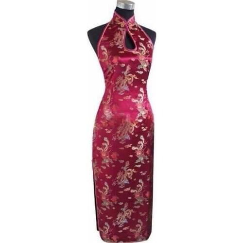 Improved Version Hanging Neck Backless Long Cheongsam Dress Ladies Retro Printing Stage Performance Clothing