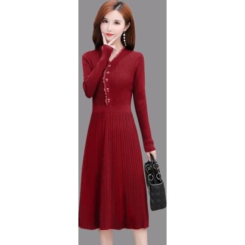 Vintage autumn winter sweater knit dress women casual long-sleeved buttons thick warm pleated dress ladies thin lace midi dress