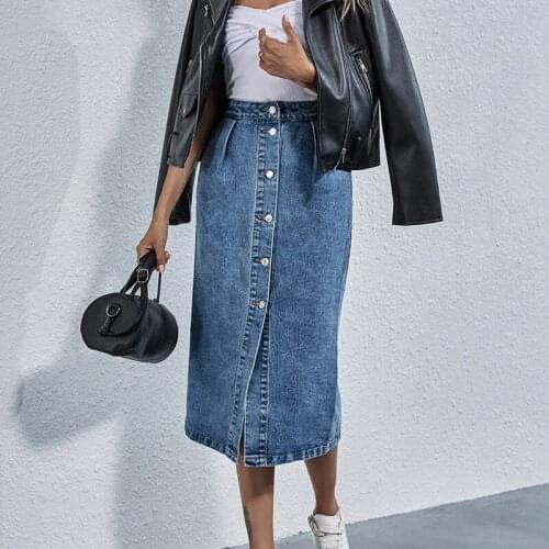 Women Streetwear Casual Pocket High Waist Straight Jean Skirts 2021 New Single Breasted Knee All-match Length Denim Skirt Female