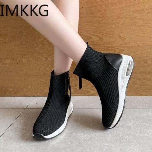 Autumn Women Sock Shoes knitting Ankle Boots Zipper Fabric Womens Boots Comfortable Low-heel Platform Shoe Botas De Mujer