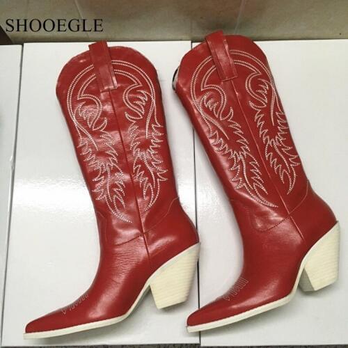 Zapatos Mujer 2019 Knee High Boots Women Embroidered Real Leather Western Cowboy Boots Kitten Heels Shoes Woman Long Boats