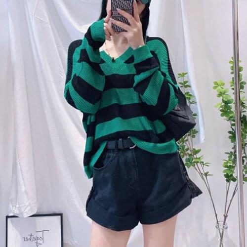V-Neck Knitted Striped Sweater Women Oversized Casual Sweet Pullovers Female Autumn Winter Loose Jumper Warm Knitwear 2021