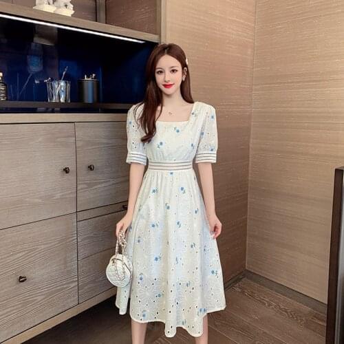 Fashion Women Elegant Floral Embroidery Striped Dress New Arrival Vintage Classical Perspective White Hollow Out Long Dress