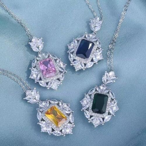 Fashion Geometry Rings Inlay Square Cubic Zircon Luxury Silver Jewelry For Women Wedding Anniversary Gift Delicate Necklaces