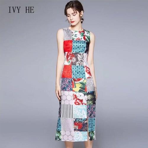 IVY HE European And American New Summer Womens Dress 2021 Color Matching Print Round Neck Slim Mid Length Split Dresses Traf