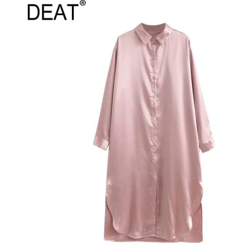 [DEAT] 2021 Spring Autumn New Fashion Tide Women Turn-down Collar Single-breasted Long Sleeve Solid Color Dress 13A952