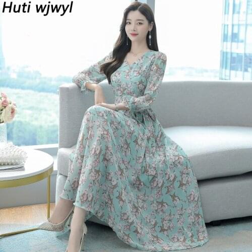 Floral Chiffon Boho Beach Long Sleeve Maxi Dress Women Bodycon Vestidos 2021 Spring Autumn Vintage Plus Size Vintage Midi Dress
