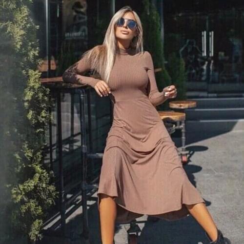 Women Knitted Long Dress Elegant Solid Stand Collar Long Sleeve Elestic Waist A-line Party Dress Basic Versatile Slim Dress 2020