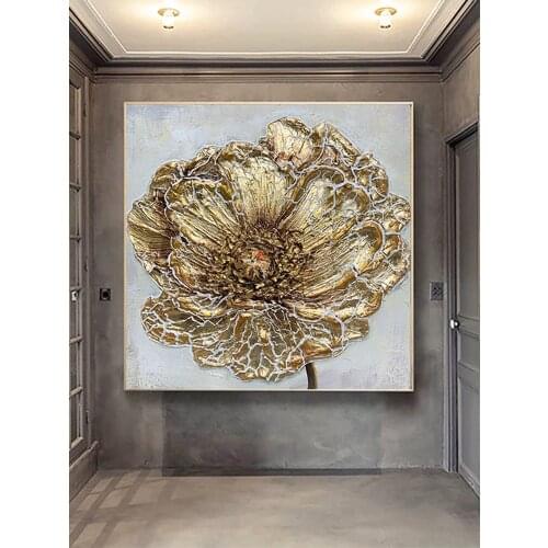 Handmade Gold Foil Flower Abstract Thick oil painting Modern Art Picture For Living Room Modern Canvas Art High Quality