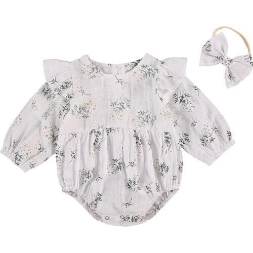 2020 Newborn Baby Floral Print Clothes Set Infant Girls Long Sleeve O-neck Jumpsuit with Ruffle + Headband for Spring Fall 0-24M