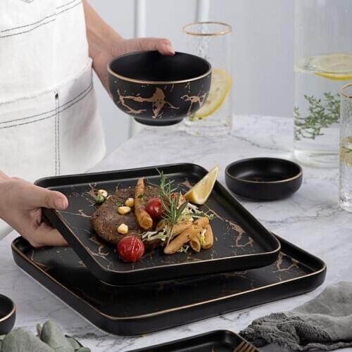 6/8/10inch Square Tableware Marble Plates Gold Inlay Porcelain Ceramic Dessert Plate Steak Salad Snack Cake Plates