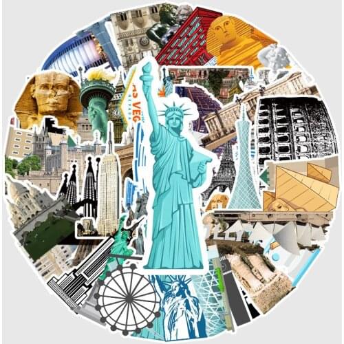 64Pcs Landmark Building Stickers Pack for Laptop Motorcycle DIY Car Skateboard Fridge Stikers Luggage Decal Suitcase Sticker Toy