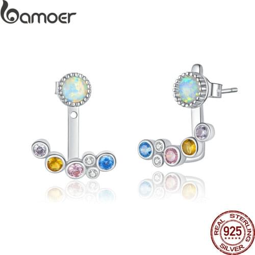 BAMOER Silver 925 Jewelry White Opal Joyería Colorful Bubble Ear Jacket Earrings for Women Hypoallergenic Wedding Jewelry BSE392