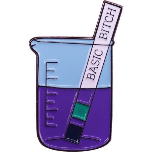 Basic bitch lapel pin science jokes brooch funny lab measuring cup badges chemist friend gift unique coat shirts accessory