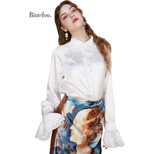 【Biutefou】2021 Autumn Women Original Design Embroidered Collar Shiny Bright Fabric Shirt