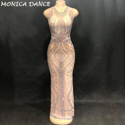 Sparkly Rhinestones Mesh Long Dress Perspective Outfit Sexy Female Singer Stage Evening Luxurious Dress Womens Birthday Outfit
