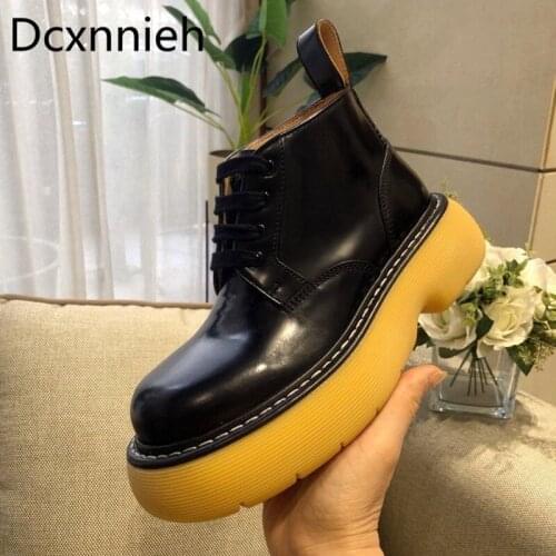 Cow Leather Women Ankle Bootie Lace Up Thick Sole Fashionable Martin Booties Platform Chunky Heel Short Boots Round Toe Ladies