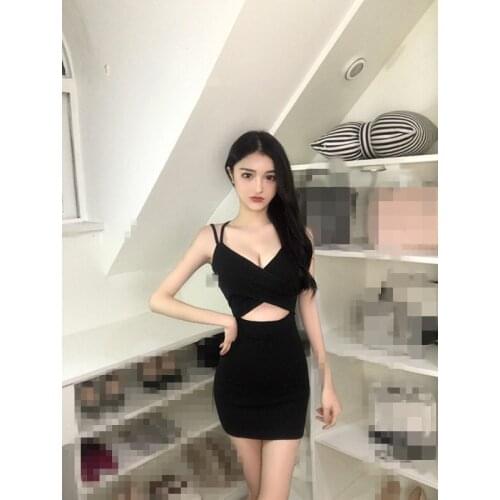 C2024 2020 Sexy night wear summer new women fashion pure color low-cut temperament slim dress cheap wholesale