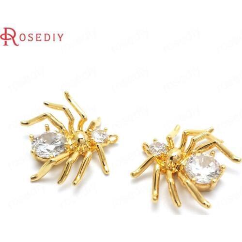 C399)6 pieces 14x13mm 24K Gold Color Brass and Zircon Spider Charms Pendants High Quality Accessories Jewelry Making Supplies