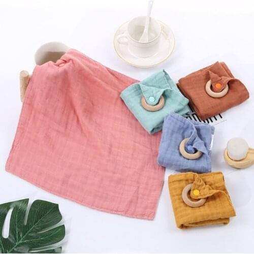 Baby Soother Appease Towel Bibs with Wooden Teether Ring Solid Color Bandana Burp Cloth Infant Toys Shower Gifts