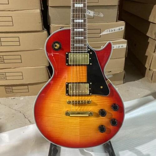 Custom Electric Guitar Cherry Sunburst Color Golden Hardware Tiger Maple Top Mahogany Guitar Body Rosewood Fingerboard Free ship