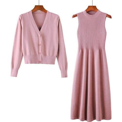 FNOCE 2020 winter womens sets street fashion casual elegant solid long sleeve v-neck Knitted Coat slim Mid-Calf dress 2-pc suit