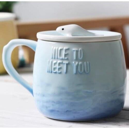 Creative Mark Cup Office Water Female Cute Home Coffee Ceramic Spoon with Lid Breakfast Couple Ins Wind Gradient Color Central