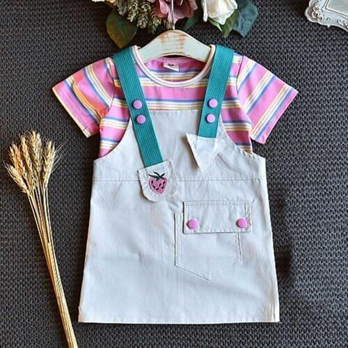 Halilo Girl Summer Set Striped Tshirt + Embrodiery Strap Dress 2pcs Children Clothing Toddler Girls Outfits Korean Kids Clothes