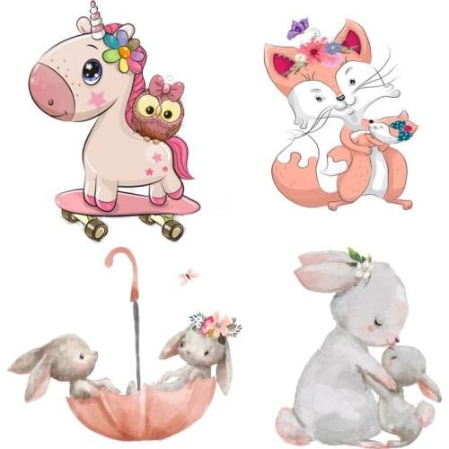 Lovely Animals Rabbits Fox Heat Vinyl Transfer Washable Stickers For Baby Clothes Cartoon Badge Ironing Stickers Appliques